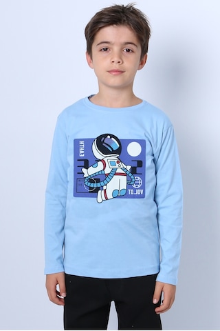 Hçm Erkek Çocuk Uzun Kollu Tshirt Astronot Baskılı Bisiklet Yaka B40 Açık Mavi