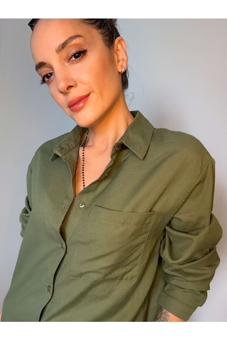 Ali Butik Haki Basic Keten Gömlek Haki