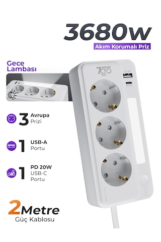 7go 7gsp1 3680w 3'lü Priz Beyaz Akım Korumalı 20w Pd Hızlı Şarj Usb 1.9m Kablolu Akıllı Led Ge 2 m