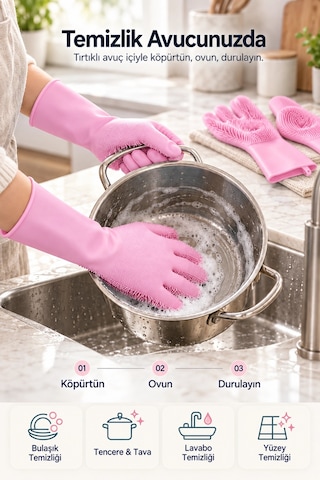 Tilbe Home Silikon Eldiven Bulaşık Yıkama Eldiveni Dayanıklı Kaymaz Tırtıklı Eldiven Fırın Mutfak El 17820151