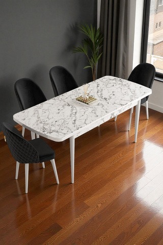 Mura Beyaz Mermer 80x132 Açılabilir Mdf Masa Yemek Odası Takımı, Mutfak Takımı 4 Adet Sandalye Siyah