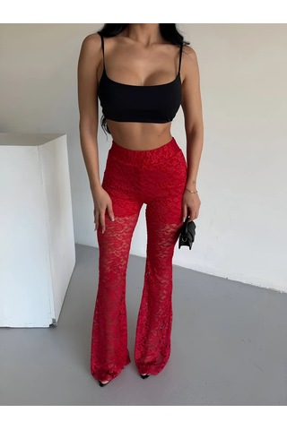 Havens Lace Kabartmalı İspanyol Paça Pantolon Kırmızı