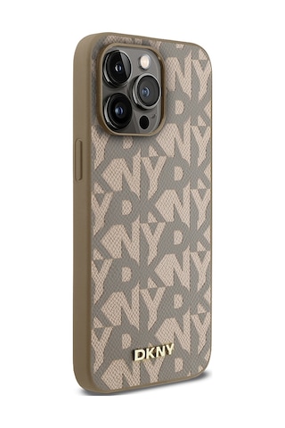 Apple Uyumlu iPhone 15 Pro Max Kılıf Dkny Lisanslı M-safe Şarj Özellikli 3d Yazılı Grid Pattern Kapak Kahverengi