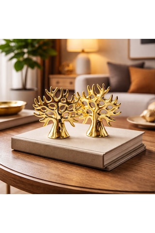Büro Ev Ofis Dekoru İçin Maksi Golden Seramik Hayat Ağacı Motif Biblo