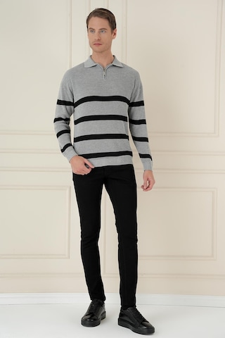 Efor Slim Fit Çizgili Fermuarlı Polo Yaka Gri Triko Kazak Tr 877 Gri