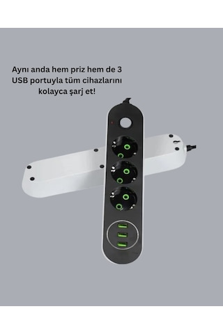 Mey İthalat Akım Korumalı Anahtarlı Usb Girişli Üçlü Priz