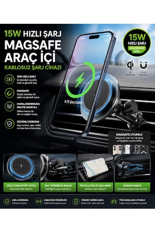 Kablosuz Hızlı Şarj Özellikli Araç İçi Telefon Tutucu Kablosuz Şarj Magsafe Destekli Klima Bölmesi Şarj Cihazı