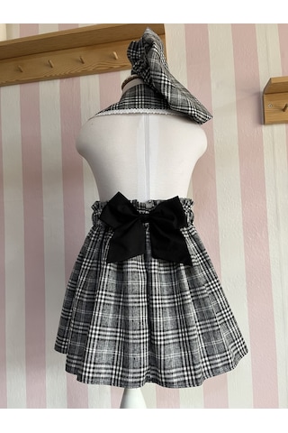 Eylülce Butik Kız Çocuk Gri Ekose Etek & Ressam Şapkası & Vintage Yaka Takım %100 Pamuk Üst Kalite Kumaş
