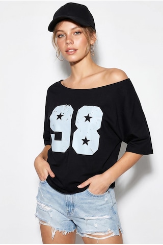 Shade Kadın Kayık Yaka Baskılı Oversize %100 Pamuk T-shirt Öt100005 60286270 - Siyah
