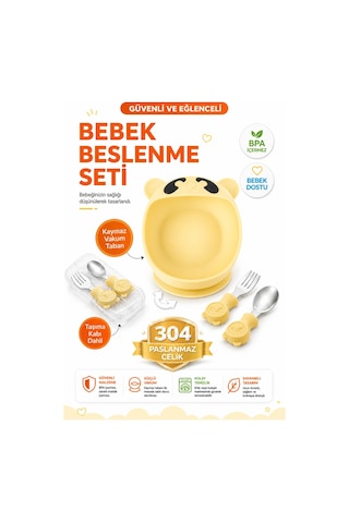 Premium Çocuk Vakumlu Silikon Beslenme Mama Kase, Paslanmaz Çelik Çatal-kaşık /9+ Ay Sarı