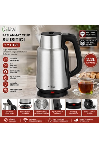 Su Isıtıcısı & Kettle Çelik - Sürahi Model Kettle Elektrikli Su Isıtıcısı Paslanmaz Çelik Gizli Rezistans 360 2.2lt 1500w Kk-3334