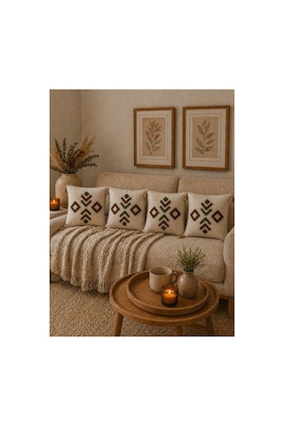 Punch Nakışlı Kırlent Kılıfı 45x45 Cm Kırlangıç Home Çapa Çiçek Desenli Gold-kahve-yeşil