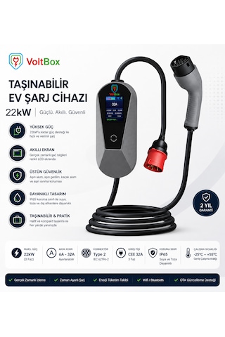 Voltbox Max22 Taşınabilir Elektrikli Araç Şarj Cihazı 32a/22kw/380v 5 Metre -türkçe Menü 22 Kw Taşınabilir