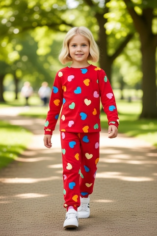 Frm Kız Çocuk Pamuk Polyester Örme Kalp Desenli Pijama Takımı Kalitel Kırmızı