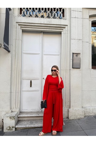 Bonacosa Kadın Viskon 3 Lü Takım Kimono + Beli Lastikli Salaş Pantolon + Kısa Kol Tshirt 8 Renk Kırmızı