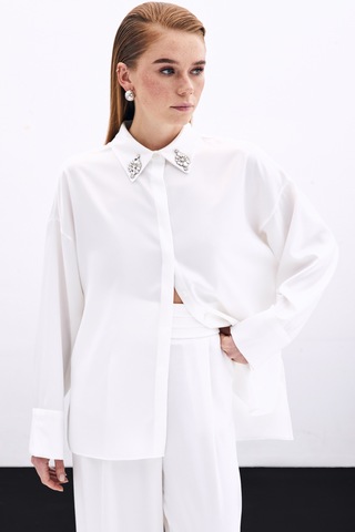 Sateen Aksesuar Detaylı Gömlek - Ekru-135824 Ekru