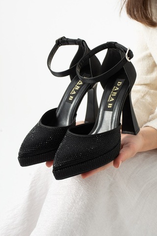 Dabab Shoes Serenya Kadın Siyah Sivri Burun 11 Cm Platform Topuklu Taşlı Bilekten Bantlı Abiye Ayakkabı
