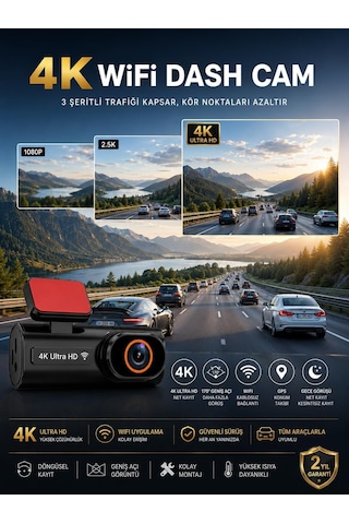 Tr 4k Ultra Hd Mini Ön Ve Arka Araç Kamerası, 64gb Hafıza Kartlı, Wifi, Gps, Gece Görüşlü