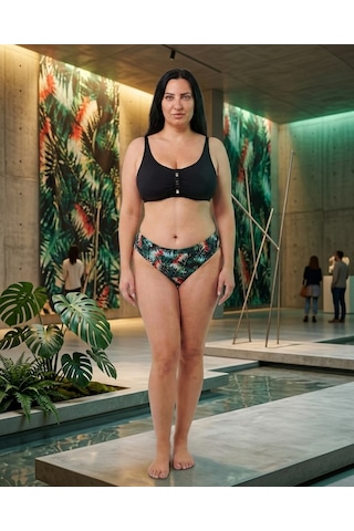 Büyük Beden Sabit Pedli Ayarlanabilir Askılı Alt Desenli Kadın Bikini Takım Siyah