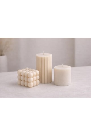 Evcikuş Soft Set 3'lü Dekoratif Mum Seti, Bubble Ribbed Ve Silindir Mum, Minimal Tasarım Hediye Seti Çok Renkli