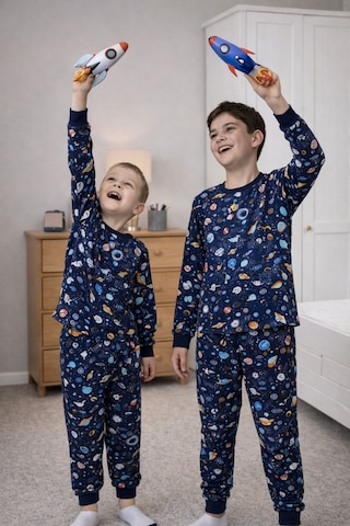 Zuzunga Astronot Temalı Pamuk Unisex Çocuk Pijama Takımı Lacivert2