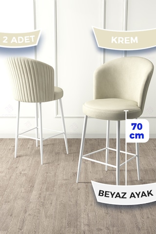 Canisa Fora Serisi 2 Adet Krem Sandalye Ada Mutfak Bar Sandalyesi Beyaz Metal Ayaklı Babyface Kumaşlı Krem Sandalye Beyaz İskelet