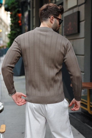 Madmext Açık Kahve Polo Yaka Desenli Over Fit Erkek Triko Kazak E7517 Açık Kahverengi