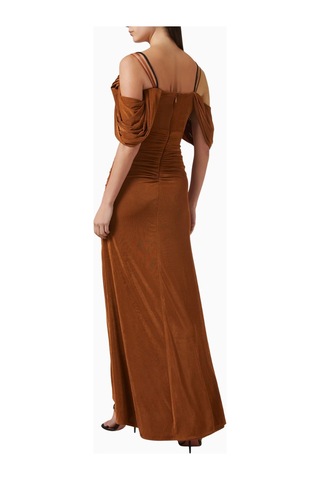 Ac By Aanchal Chanda Drape Dress Metalik Jersey Kadın Elbise Kahverengi