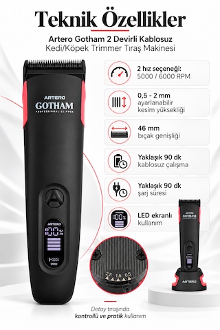 Artero Gotham 2 Devirli Kablosuz Kedi/köpek Trimmer Tıraş Makinesi