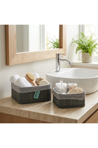 İbico İ22-332 Organizer Sepet 18x21cm 2 Boy Kare Bezli Bambu Kenar Ahşap Altlık Gri