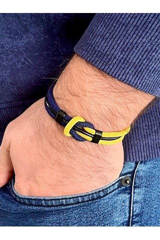 Çift Renkli El Yapımı Taraftar Bilekliği Makrome-%100 Deri Kombin Unisex Bileklik Net 21 Cm Sarı - Lacivert