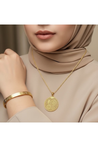 Çoklu Dua Kolye Ve Ayetel Kürsi Bileklik Seti Gold Çelik Şık Takı Seti Altın
