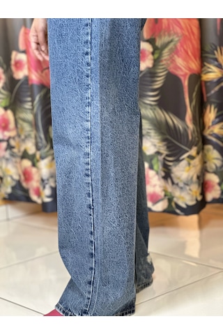 Quzu Paçası Yırtık Denim Pantolon Mavi Mavi