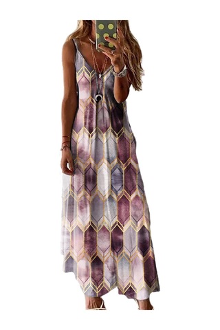 Gökyüzü Mavisi Kadın Etek Yaz Gündelik Baskı Yular Tank Elbise Uzun Elbise