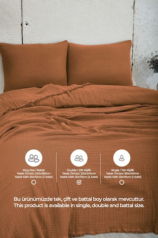 %100 Pamuk Çift Kişilik Müslin Yatak Örtüsü 4 Katlı Yumuşak Battaniye Müslin Pike Takımı 3 Parça Turuncu Turuncu