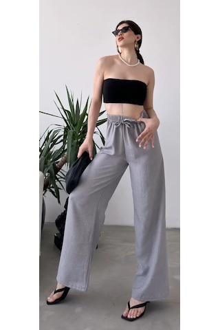 Blue Trend Kadın Düz Renk Keten Bel Lastikli Bol Paça Pantolon Gri