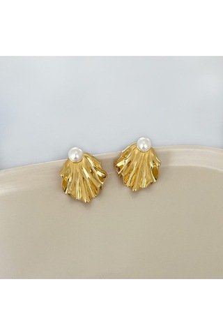 Çift Kullanımlı İstiridye İncili Kararmaz Çelik Gold Küpe Gold