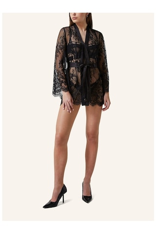 Hunkemöller Kimono Isabelle, Şeffaf, Kurdeleli, Geniş Kollu, Özel Koleksiyon Siyah
