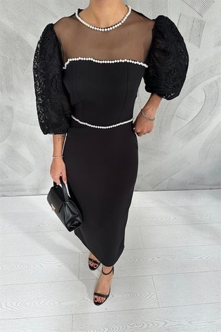 Elbee Fashion Woman Kolları Dantelli İnci Detaylı Elbise - Siyah-beyaz-7430 Siyah