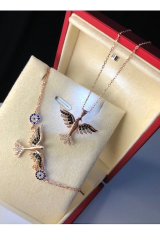 Kadın Gümüş Set - Zümrüdü Anka Kuşu Nazar Boncuklu Işıklı Kutud