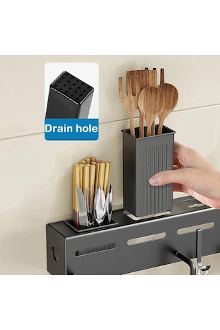 Siyah Duvara Monte Mutfak Rafı Çok Fonksiyonlu Paslanmaz Çelik Pişirme Gereçler Depolama Rafı Çatal Bıçak Tutucu Sofra Organizatör With Rod-40cm
