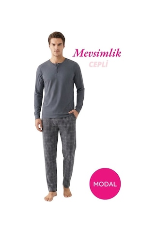 Guava Erkek Modal 3 Düğmeli Ekose Desen Pamuk Likra Mevsimlik Manşetli Uzun Kol Cepli Pijama Takımı Füme