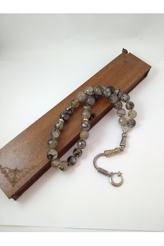 Gri Damarlı Akik Taşı Tespih Ahşap Kutulu / 10 MM Doğaltaş Tespih