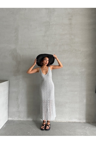 Kadın Askılı Ajurlu Yazlık Triko Elbise Gri