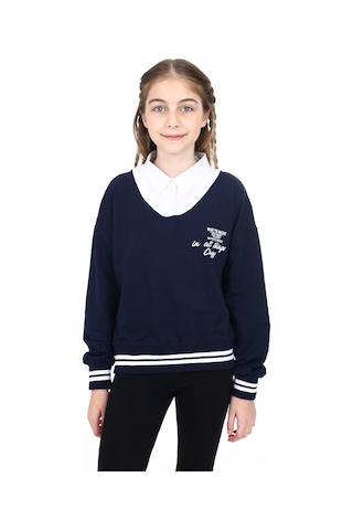 Toontoy Kız Çocuk Relax Fit Polo Yaka Düşük Omuz Baskılı Okul Sweatshirt - Garnili & 2 İplik Lacivert