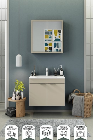 Biani Fix Loft 75 Cm Banyo Dolabı,Seramik Lavabolu, Aynalı,Lavabo Dahil,Mdf,Latte