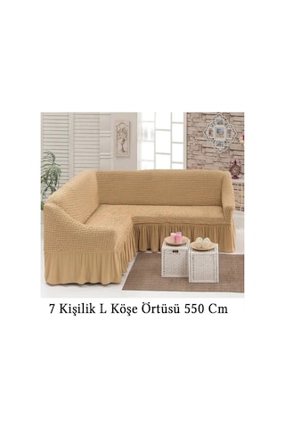 Starmall Bürümcük 7 Kişilik Köşe Koltuk, Kanepe Örtüsü, Koltuk Kılıfı, Lastikli, Etekli, L Köşe 550 Cm Bej Bej