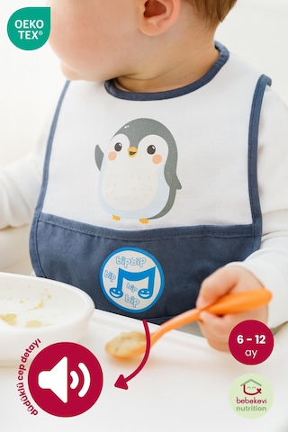 Düdüklü Cepli Sıvama Mama Önlüğü - Minik Penguen Bebek Önlüğü Koyu Mavi