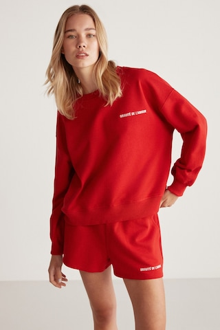 Grımelange Jennıfer Kadın Organik Pamuklu Nakışlı Yuvarlak Yakalı Oversize Kırmızı Sweatshirt