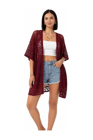 Trend Alisse Kadın Dantel Görünümlü File Kimono Pareo Hırka Bordo